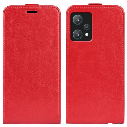 Red leather flip phone case, front and back views with camera opening