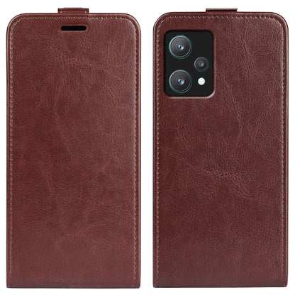Brown leather flip phone case, front and back views with camera opening