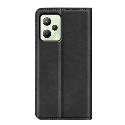 Dark leather flip phone case with camera cutout and stitched border