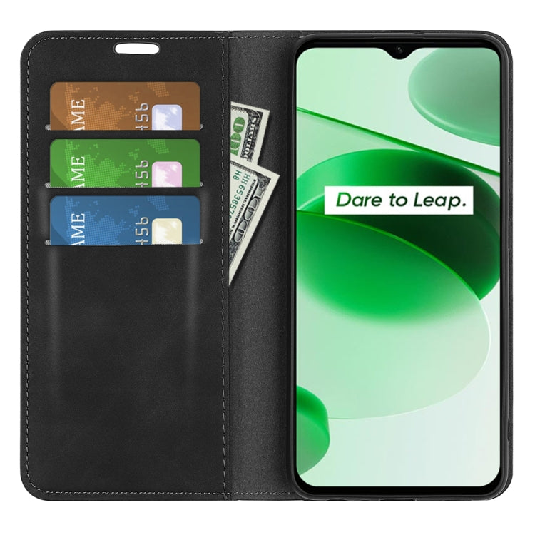Black leather wallet-style phone case with card slots and flip cover