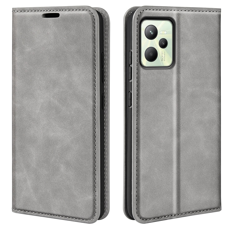 Grey leather wallet phone case with card slots and stitched edges