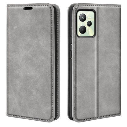 Grey leather wallet phone case with card slots and stitched edges