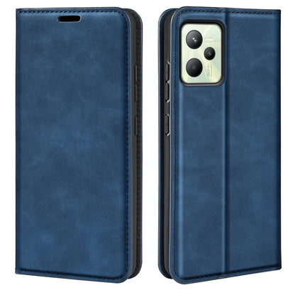Blue leather wallet phone case with card slots and stitched border
