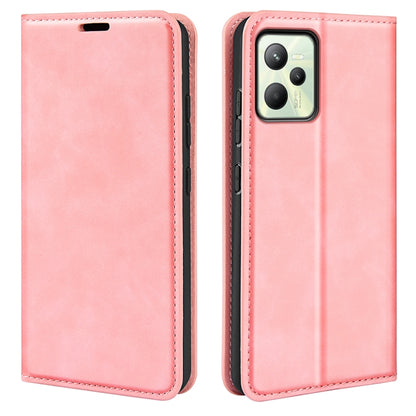 Pink leather wallet phone case with card slots and stitched edges