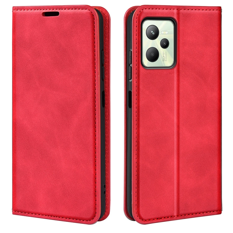 Red leather wallet phone case with card slots and stitched border