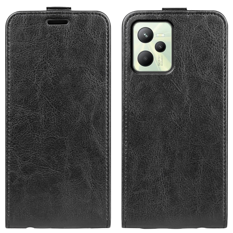 Black textured vertical flip leather phone case with camera cutout and front pocket.