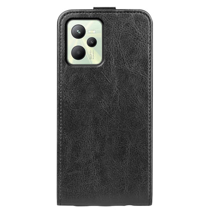 Black textured vertical flip leather phone case with built-in camera window.