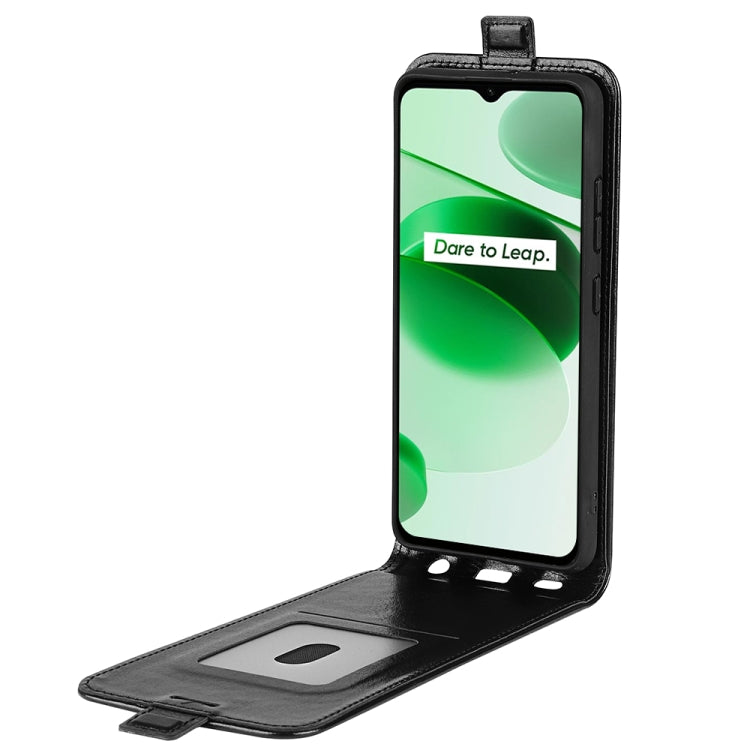 Black vertical flip leather phone case open view with card slot and camera protection.