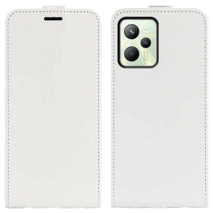 White textured vertical flip leather phone case, closed with top earpiece cutout.