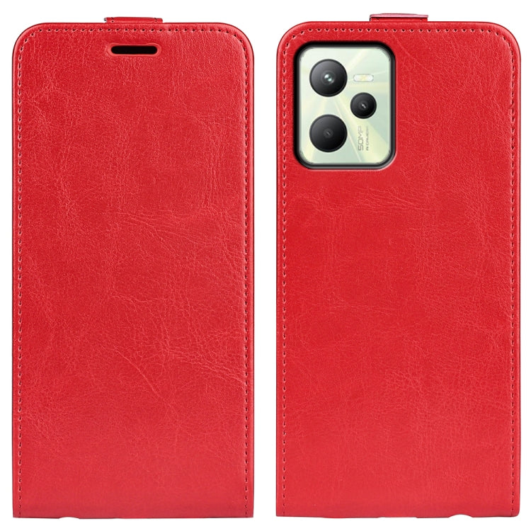 Red textured vertical flip leather phone case with camera cutout and side stitching.