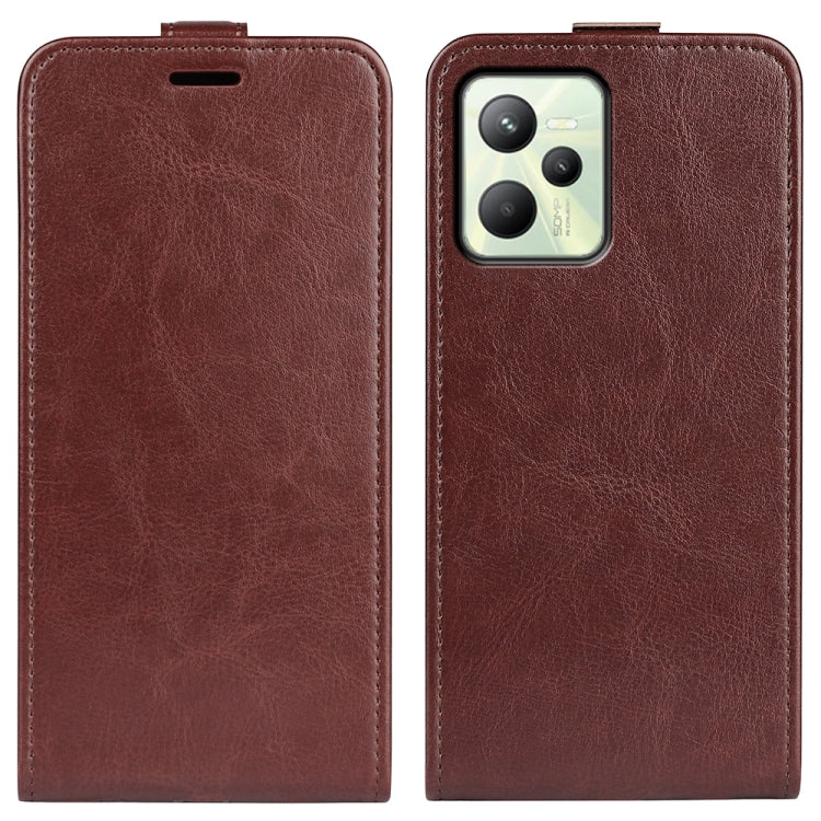 Brown textured vertical flip leather phone case with camera cutout and stitched edges.