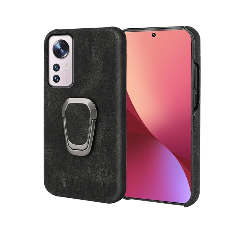 Black PU phone case with built-in ring holder and raised camera cutouts for phone