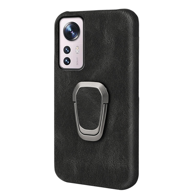 Black PU phone case with ring holder, textured finish, and camera lens cutouts