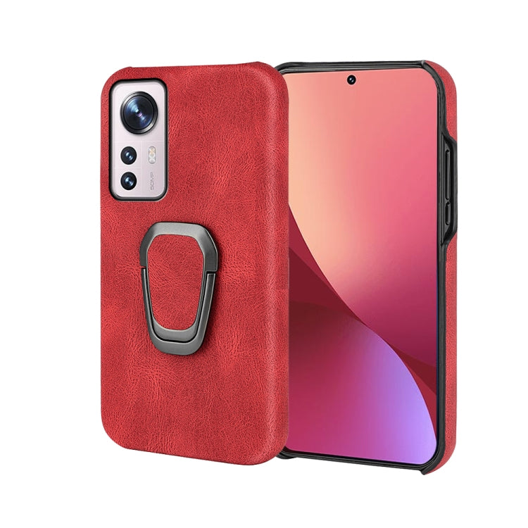 Red PU phone case with built-in ring holder and raised camera cutouts