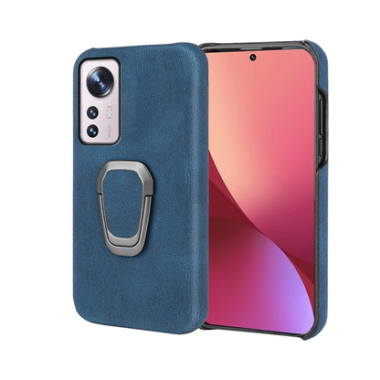 Blue PU phone case with ring holder and textured grip with camera lens cutouts