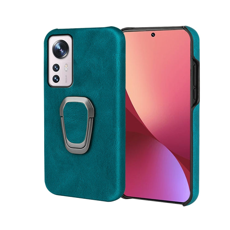 Cyan PU phone case with ring holder and camera cutouts for phone