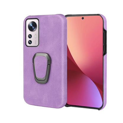 Purple PU phone case with ring holder and raised camera cutouts