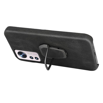 PU phone case with ring holder for Xiaomi 12 Pro, black leather-texture back