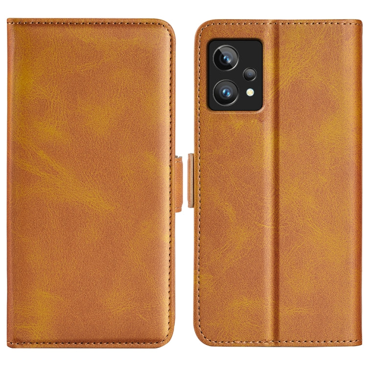 Brown leather wallet phone case with magnetic buckle and camera cutout on back