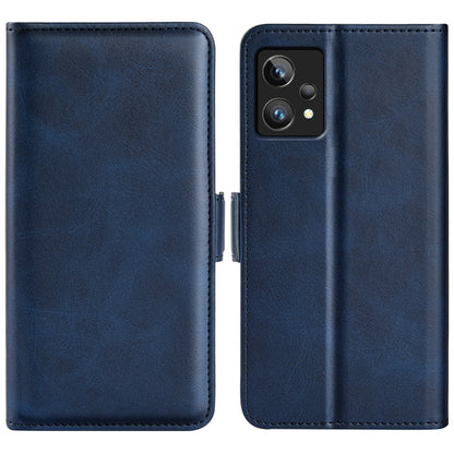 Dark blue leather wallet phone case with magnetic buckle and camera cutout