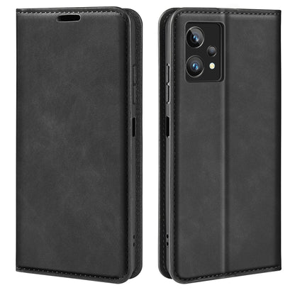 Black leather-style magnetic suction flip phone case with camera cutout and side openings