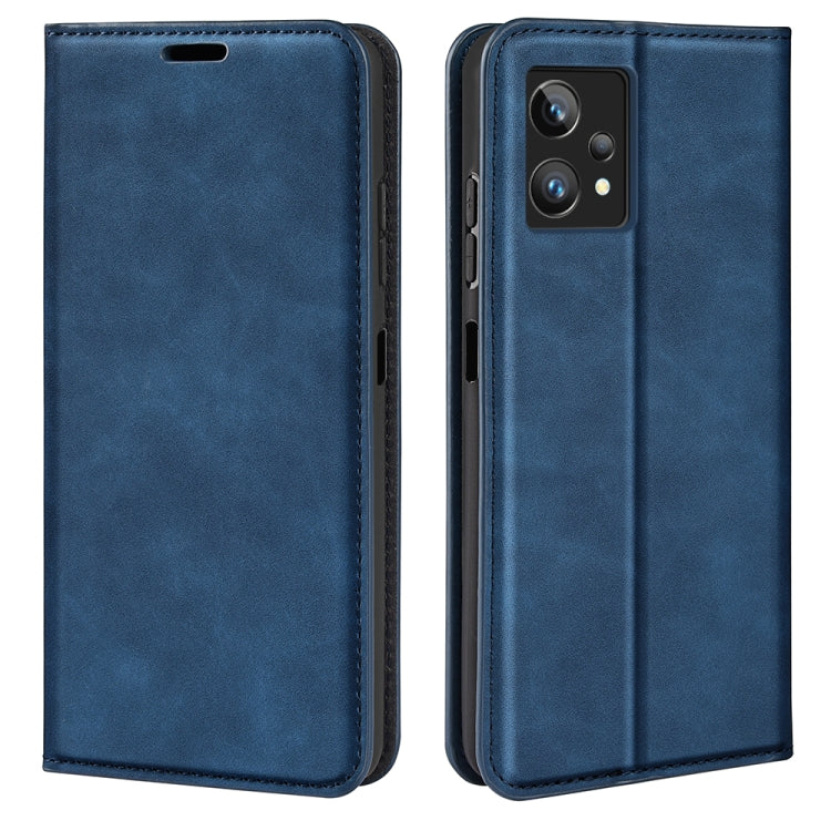 Dark blue leather-style magnetic suction flip phone case with camera cutout