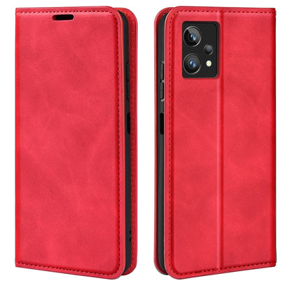 Red leather-style magnetic suction flip phone case with camera cutout