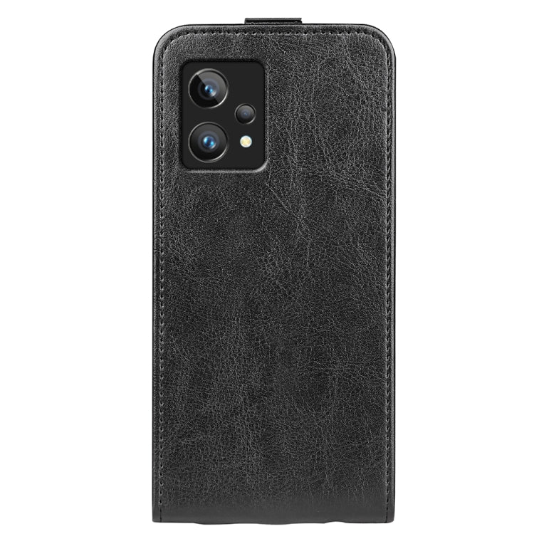 Black textured leather vertical flip phone case with camera opening on back