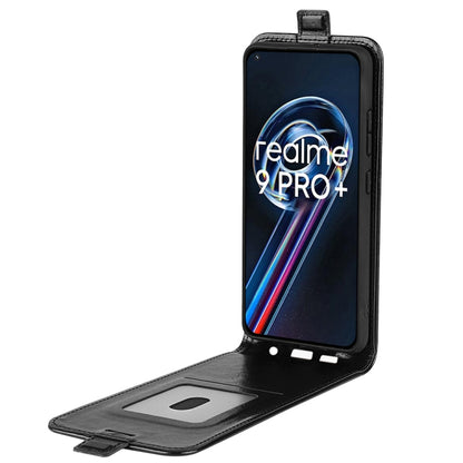 Black textured leather flip phone case with front cover open for viewing