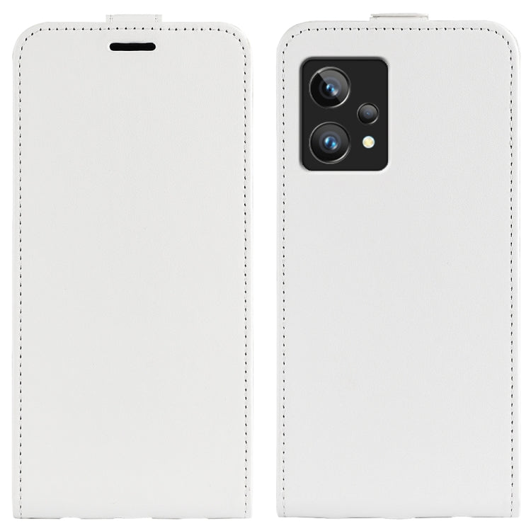 White textured leather vertical flip phone case with stitching and top speaker cutout