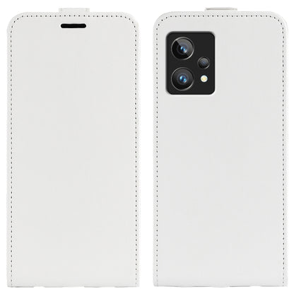 White textured leather vertical flip phone case with stitching and top speaker cutout