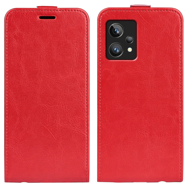 Red textured leather vertical flip phone case with stitched edges and top slot