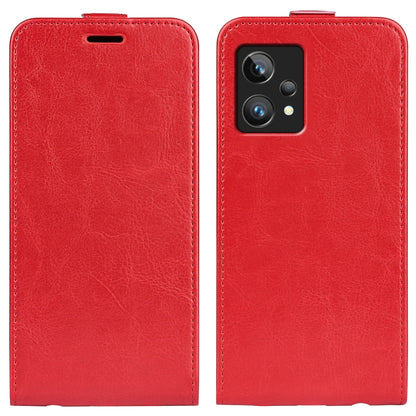 Red textured leather vertical flip phone case with stitched edges and top slot