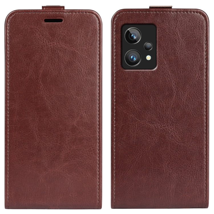 Brown textured leather vertical flip phone case with camera opening and top slot