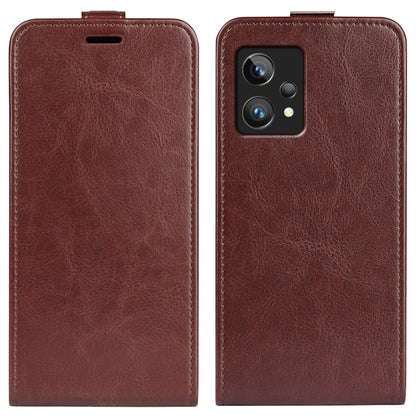 Brown textured leather vertical flip phone case with camera opening and top slot