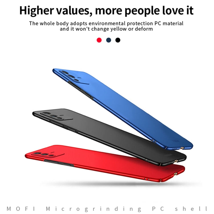 Set of frosted hard phone cases: blue, black, and red with camera openings