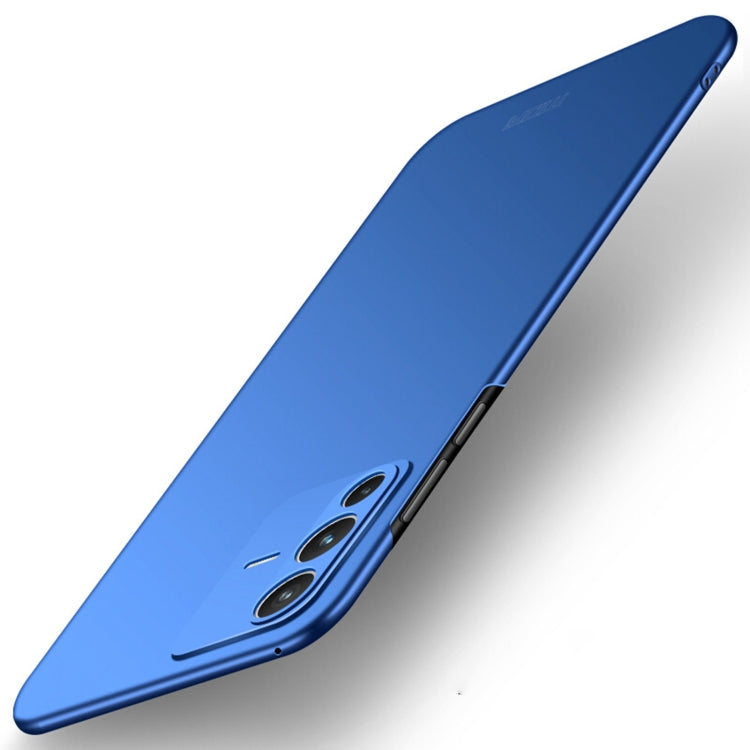 Blue frosted hard phone case with camera cutout and side button openings