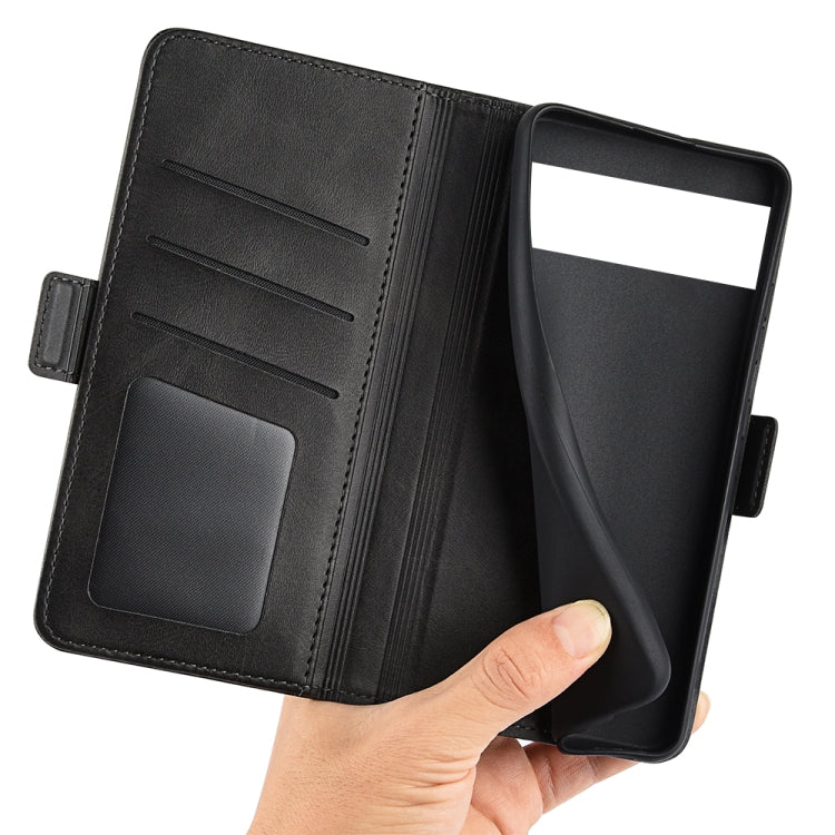 Black leather flip phone case open, showing card pocket and magnetic closure for Google Pixel 7 Pro