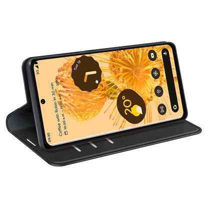 Black leather flip phone case in stand position with front cover folded back