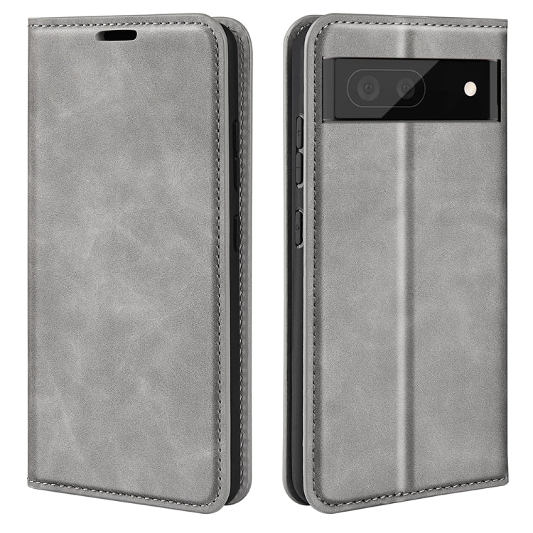 Grey leather flip phone case with magnetic-style camera cutout and stitched edges