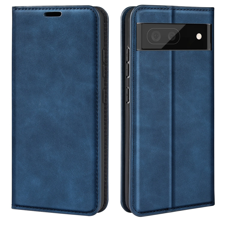Blue leather flip phone case with magnetic-style camera cutout and stitched edges