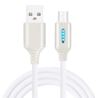 White braided USB cable set with two connector ends showing blue status indicator