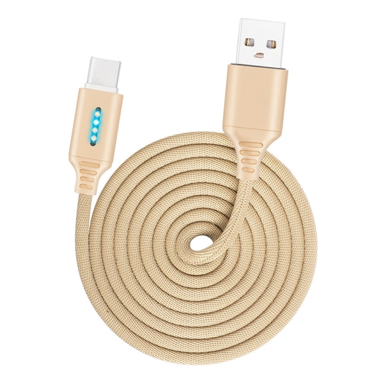 Beige braided USB charging cable with metal connector ends and blue status indicator