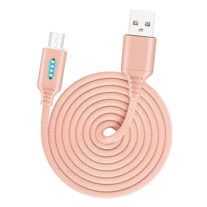 Rose gold braided USB charging cable with metal connector ends and blue status indicator