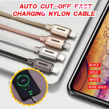 Auto cut-off nylon USB charging cable set in black, gold, white, and rose gold