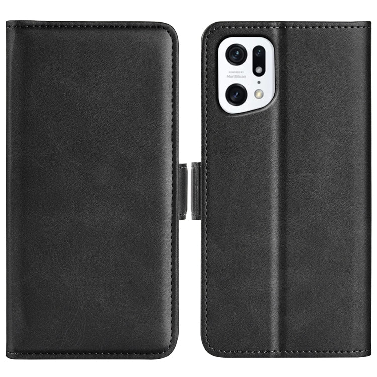 Black leather dual-side magnetic buckle phone case, open front and back view