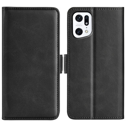 Black leather dual-side magnetic buckle phone case, open front and back view