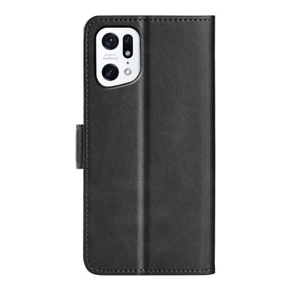 Black leather flip phone case with camera cutout and magnetic clasp, closed