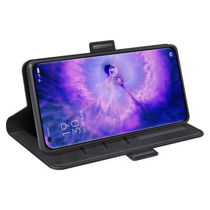 Black leather flip phone case with magnetic stand, viewing screen in landscape