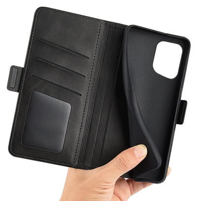 Black leather flip phone case interior with card slots and hand holding the case
